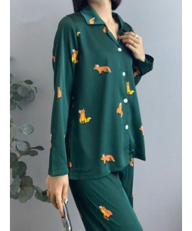 Fully Printed Little Fox Couple Men And Women Lapel Long-sleeved Ice Silk Pajamas Suit