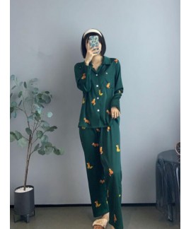 Fully Printed Little Fox Couple Men And Women Lapel Long-sleeved Ice Silk Pajamas Suit