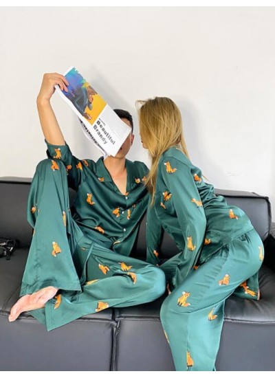 Fully Printed Little Fox Couple Men And Women Lapel Long-sleeved Ice Silk Pajamas Suit