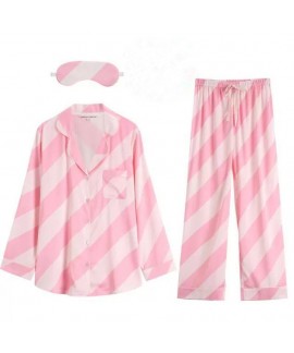 Pink Striped Ice Silk Home Wear Pajamas For Ladies