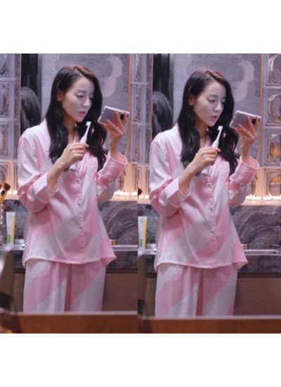 Pink Striped Ice Silk Home Wear Pajamas For Ladies