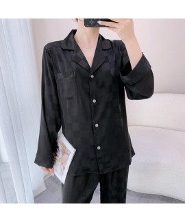 Hot Checkerboard Ice Silk Long Sleeve Black Plaid Ladie's Pajama Set For Spring And Autumn