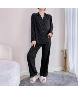 Hot Checkerboard Ice Silk Long Sleeve Black Plaid Ladie's Pajama Set For Spring And Autumn