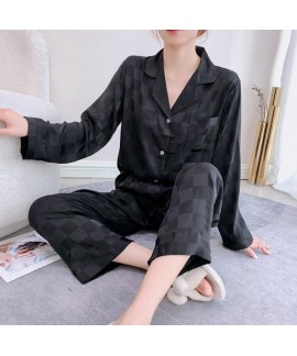 Hot Checkerboard Ice Silk Long Sleeve Black Plaid Ladie's Pajama Set For Spring And Autumn