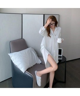 Sexy Ice Silk Lingerie Plus Size White Long Sleeve Cardigan Boyfriend Shirt