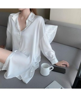 Sexy Ice Silk Lingerie Plus Size White Long Sleeve Cardigan Boyfriend Shirt