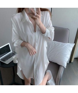 Sexy Ice Silk Lingerie Plus Size White Long Sleeve Cardigan Boyfriend Shirt