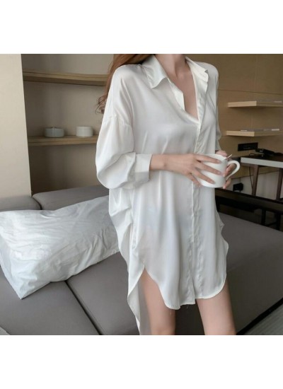 Sexy Ice Silk Lingerie Plus Size White Long Sleeve Cardigan Boyfriend Shirt