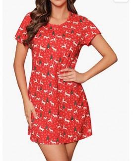 Christmas Red Women's Short Sleeve Cute Print Soft Christmas Pajamas Dress