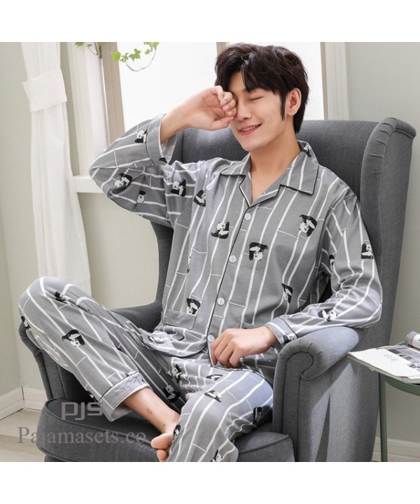 Long sleeved large size cotton pajama sets for men cardigans comfy ...