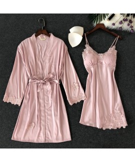 Embroidered Lace Sleepwear Female sexy pajama and Bathrobe for women