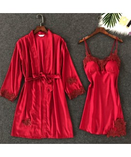 Embroidered Lace Sleepwear Female sexy pajama and Bathrobe for women