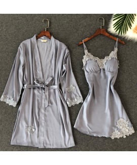 Embroidered Lace Sleepwear Female sexy pajama and Bathrobe for women