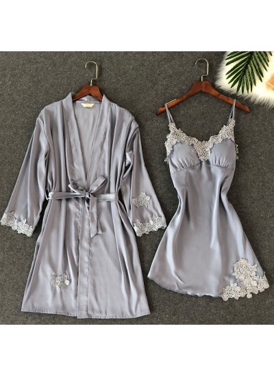 Embroidered Lace Sleepwear Female sexy pajama and Bathrobe for women