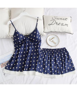 Simulated Silk Two-piece Set Woman Cute Point Suspender Shorts Pyjamas Woman