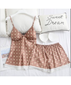 Simulated Silk Two-piece Set Woman Cute Point Suspender Shorts Pyjamas Woman