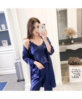 Sexy ice Silk Bride Sleepwear with Breast Cushion for Spring and Summer
