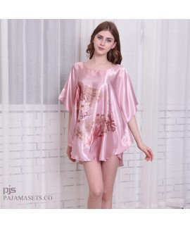 Large size simulated silk sexy sleepwear for women short sleeve ladies silky nightwear in summer