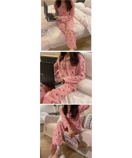 Cute strawberry bear cartoon pink loose long-sleeved trousers women's two-piece suit