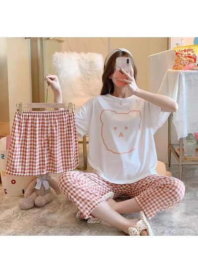 Cute strawberry bear cartoon pink loose long-sleeved trousers women's two-piece suit
