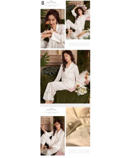 Autumn solid color high-end light luxury stitching simulation silk ladies pajamas suit