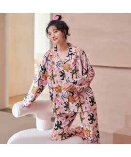 Autumn Silk Long-sleeved trousers loose lapel cardigan Women's home clothes suit