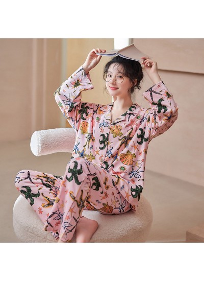 Autumn Silk Long-sleeved trousers loose lapel cardigan Women's home clothes suit