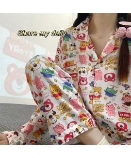 insgram girly cartoon colorful winnie the pooh loose sweet double long ladies pajamas