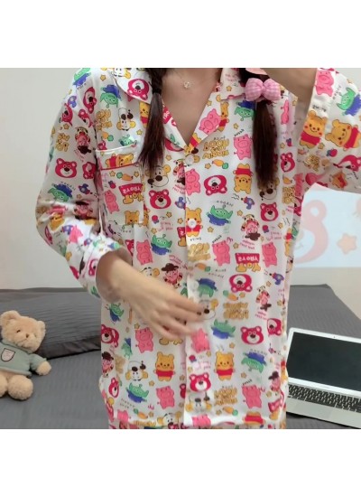 insgram girly cartoon colorful winnie the pooh loose sweet double long ladies pajamas