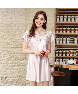 Short Sleeve Simulated Silk Sleepwear for Lady Sexy silky nightwear in Summer