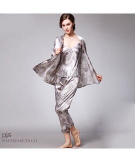 Simulated silk three-piece pajama set for women dragon gown printed sady's silky nightwear