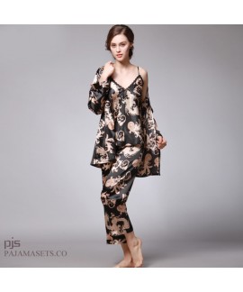 Simulated silk three-piece pajama set for women dragon gown printed sady's silky nightwear