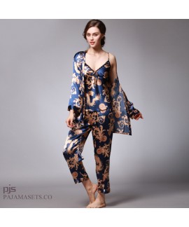 Simulated silk three-piece pajama set for women dr...