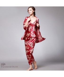 Simulated silk three-piece pajama set for women dragon gown printed sady's silky nightwear