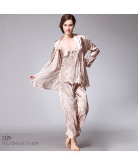 Simulated silk three-piece pajama set for women dragon gown printed sady's silky nightwear