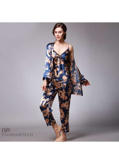 Simulated silk three-piece pajama set for women dragon gown printed sady's silky nightwear