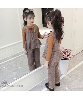 New girls three set of pajamas for spring comfy long sleeve checker pajamas female