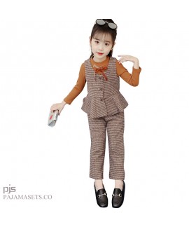 New girls three set of pajamas for spring comfy long sleeve checker pajamas female