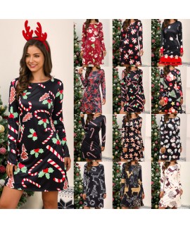 Christmas Multi-pattern Print Christmas Pajamas Dress For Women