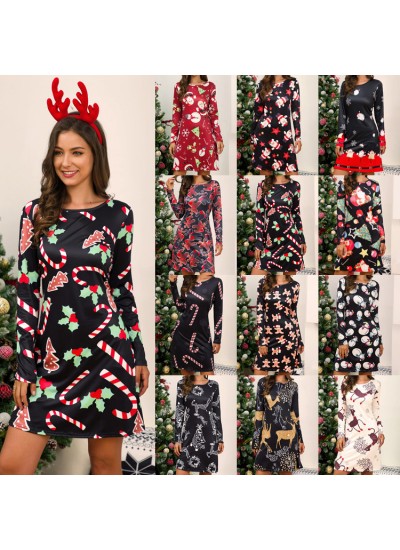 Christmas Multi-pattern Print Christmas Pajamas Dress For Women