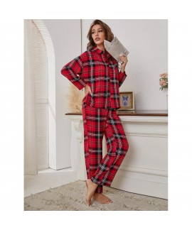 Ladies Cotton Long Sleeve Autumn And Winter Plaid Black And Red Flannel Pajamas Two Piece Set