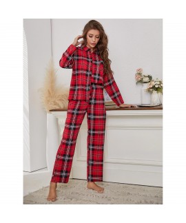 Ladies Cotton Long Sleeve Autumn And Winter Plaid Black And Red Flannel Pajamas Two Piece Set