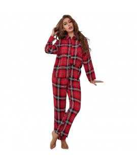 Ladies Cotton Long Sleeve Autumn And Winter Plaid Black And Red Flannel Pajamas Two Piece Set