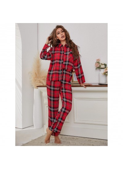 Ladies Cotton Long Sleeve Autumn And Winter Plaid Black And Red Flannel Pajamas Two Piece Set