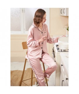 Spring ice Silk Simple Casual  Long Sleeve Loose Size Sleepwear Woman