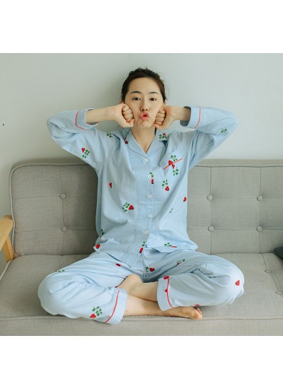 Long-sleeved Plus Size lady's pure cotton pajama set printed cotton softest pyjamas