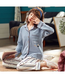 long sleeve women cotton pajama sets lapel casual nightgown for spring