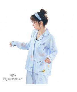 Cheap ladies' cotton two set of Comfy pajamas cute long sleeves pjs women