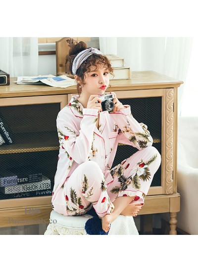 Cheap ladies' cotton two set of Comfy pajamas cute long sleeves pjs women