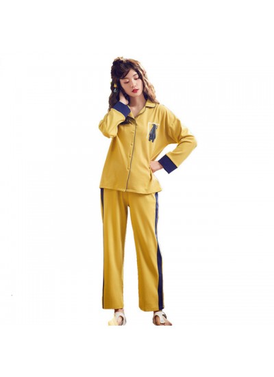 Pure cotton long-sleeved cardigan ladies' pajamas for spring Lapel set pjs for women 